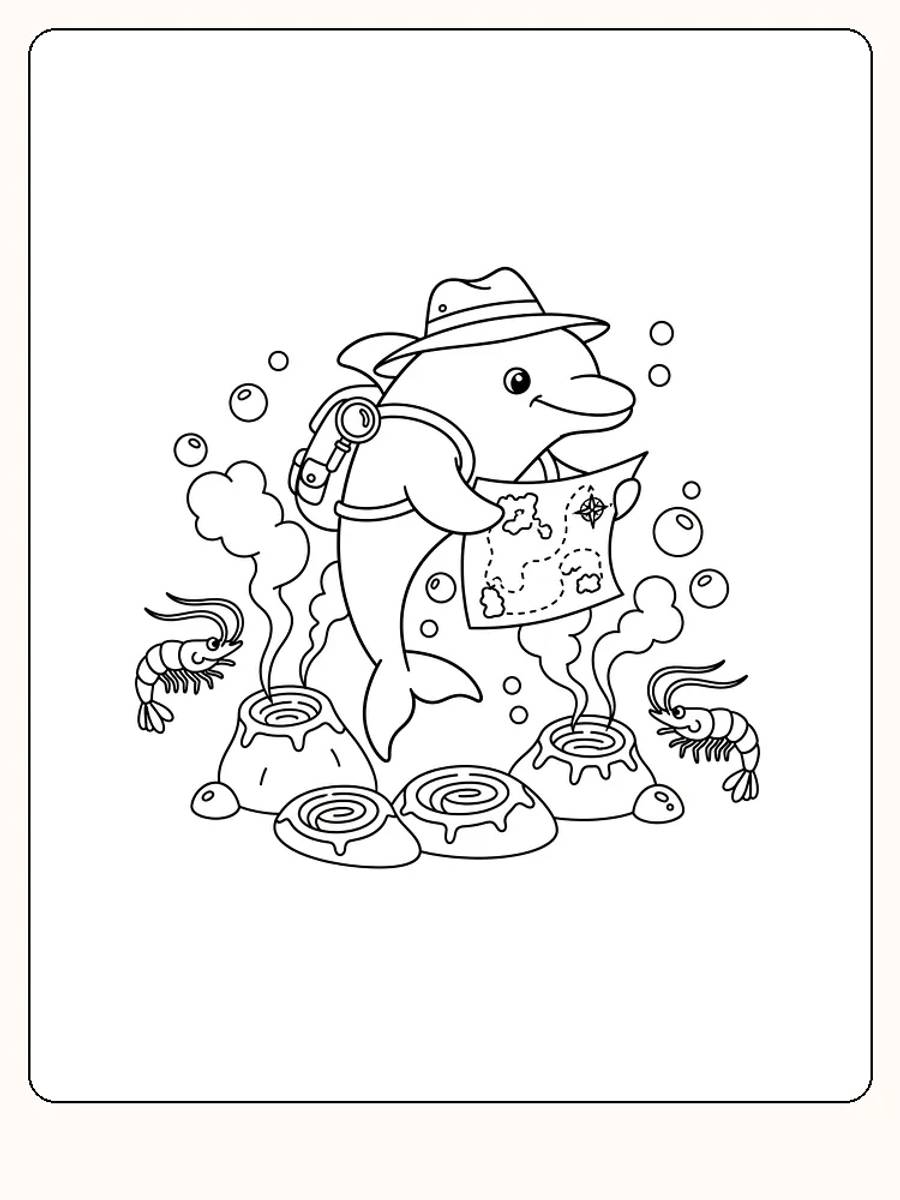 Tegning til farvelægning af en delfin med hat og gammeldags kort, omgivet af bobler og rejer, klar til print