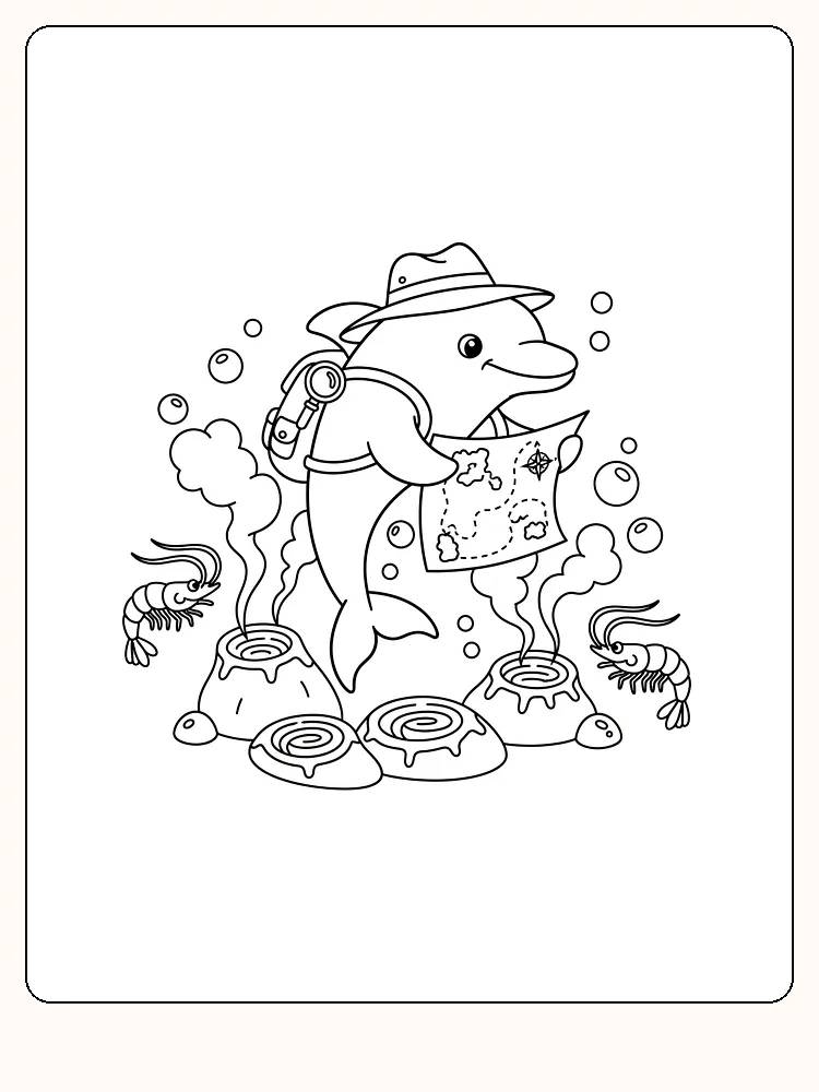 Tegning til farvelægning af en delfin med hat og gammeldags kort, omgivet af bobler og rejer, klar til print