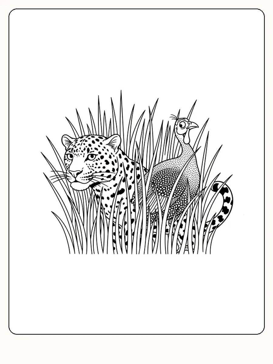 Fargeleggingstegning av en leopard og en fugl gjemt i gresset, klar for utskrift