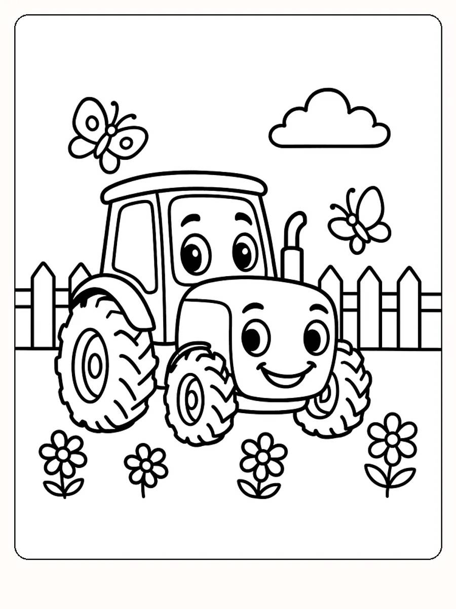 Fargeleggingstegning av glad traktor med blomster og sommerfugler foran et gjerde