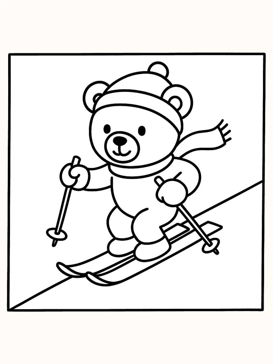 Ausmalbild eines Bären, der auf Skiern einen Hang hinunterfährt.
