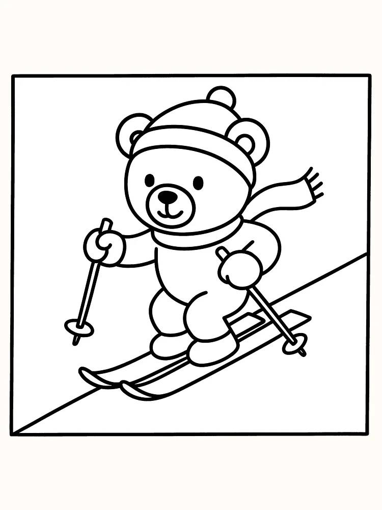 Ausmalbild eines Bären, der auf Skiern einen Hang hinunterfährt.