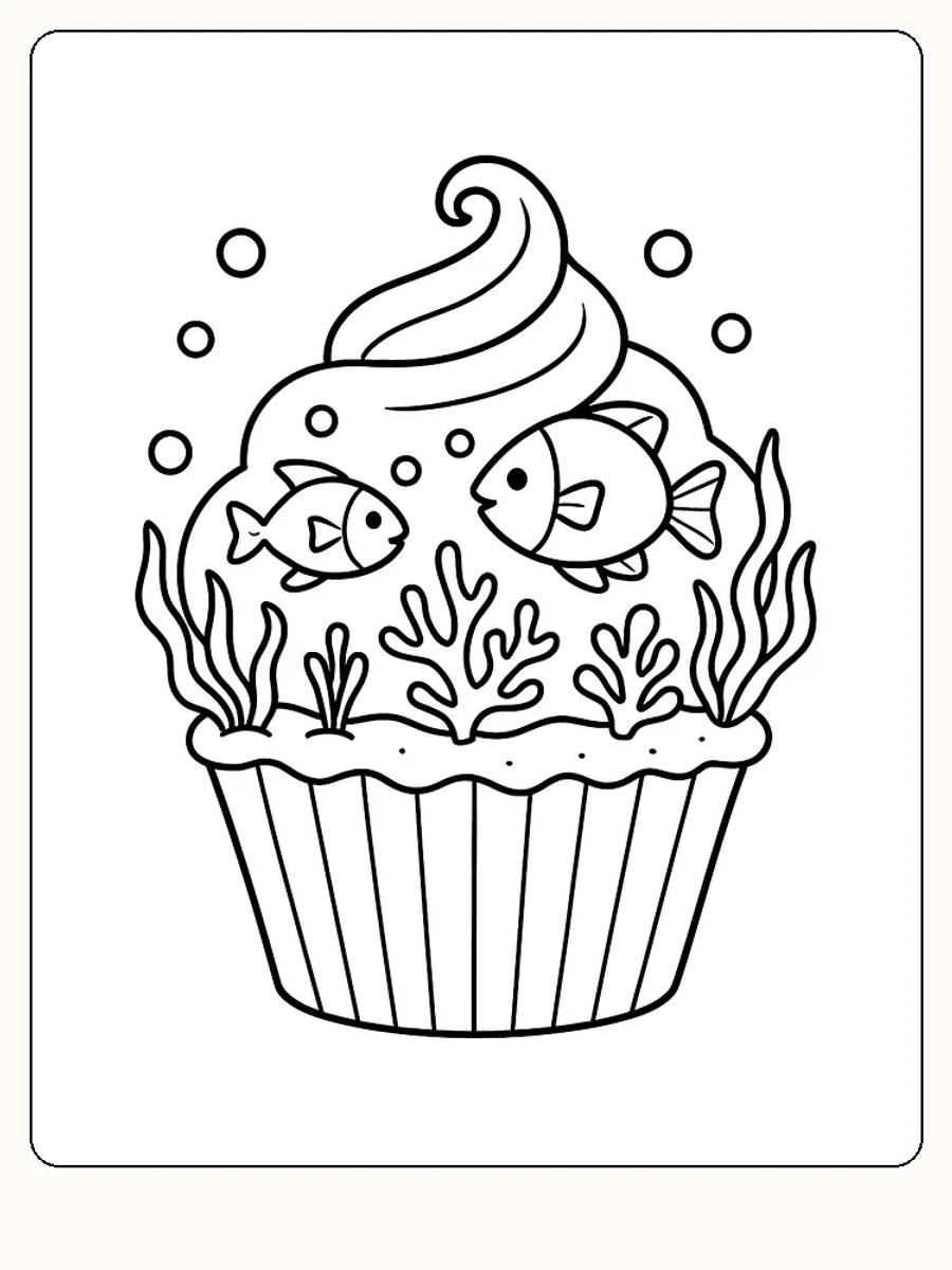 Fargeleggingstegning av en muffins dekorert med fisker og tang, klar for utskrift