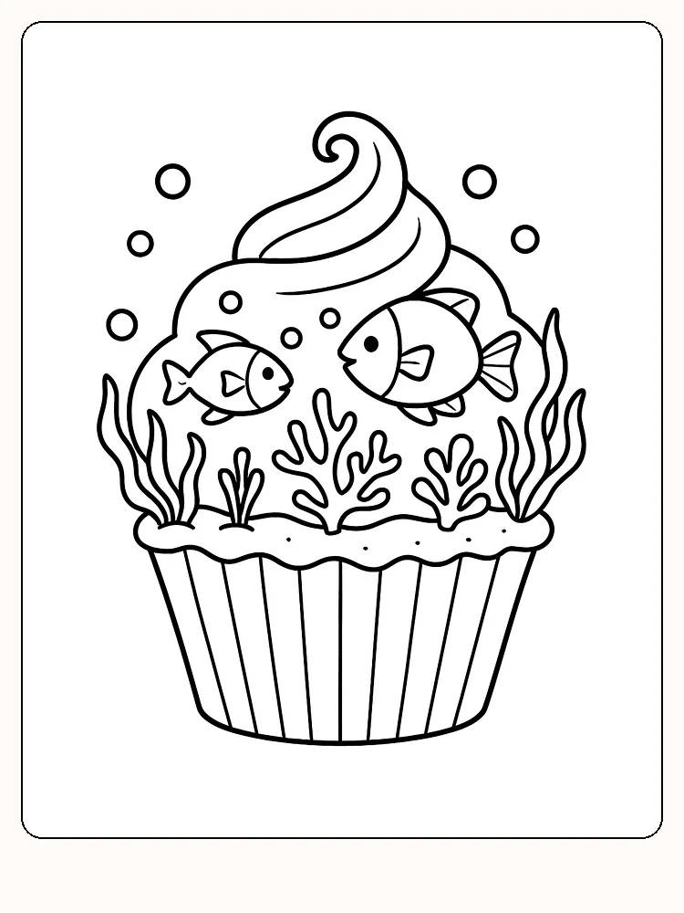 Fargeleggingstegning av en muffins dekorert med fisker og tang, klar for utskrift