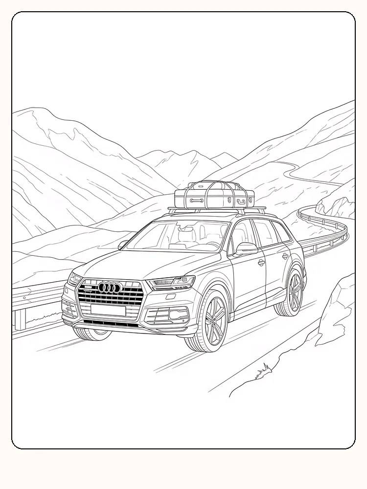 Fargeleggingsbilde av en Audi SUV med bagasje på taket kjørende i fjellandskap, perfekt for utskrift