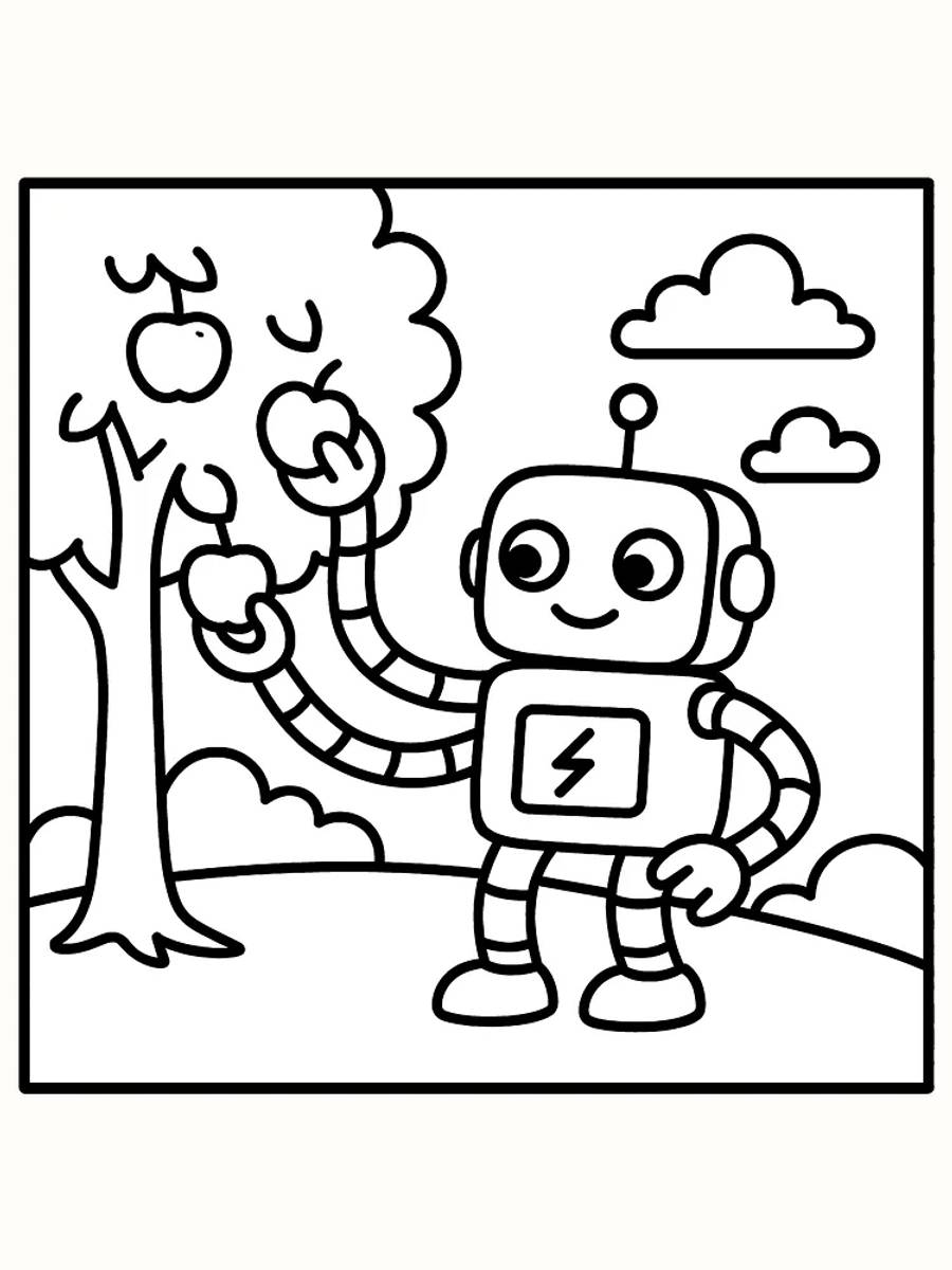 Tegning til farvelægning af en robot, der plukker æbler fra et træ, klar til print