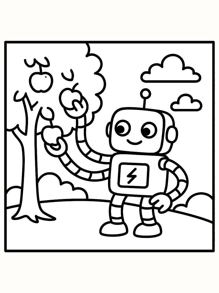 Tegning til farvelægning af en robot, der plukker æbler fra et træ, klar til print