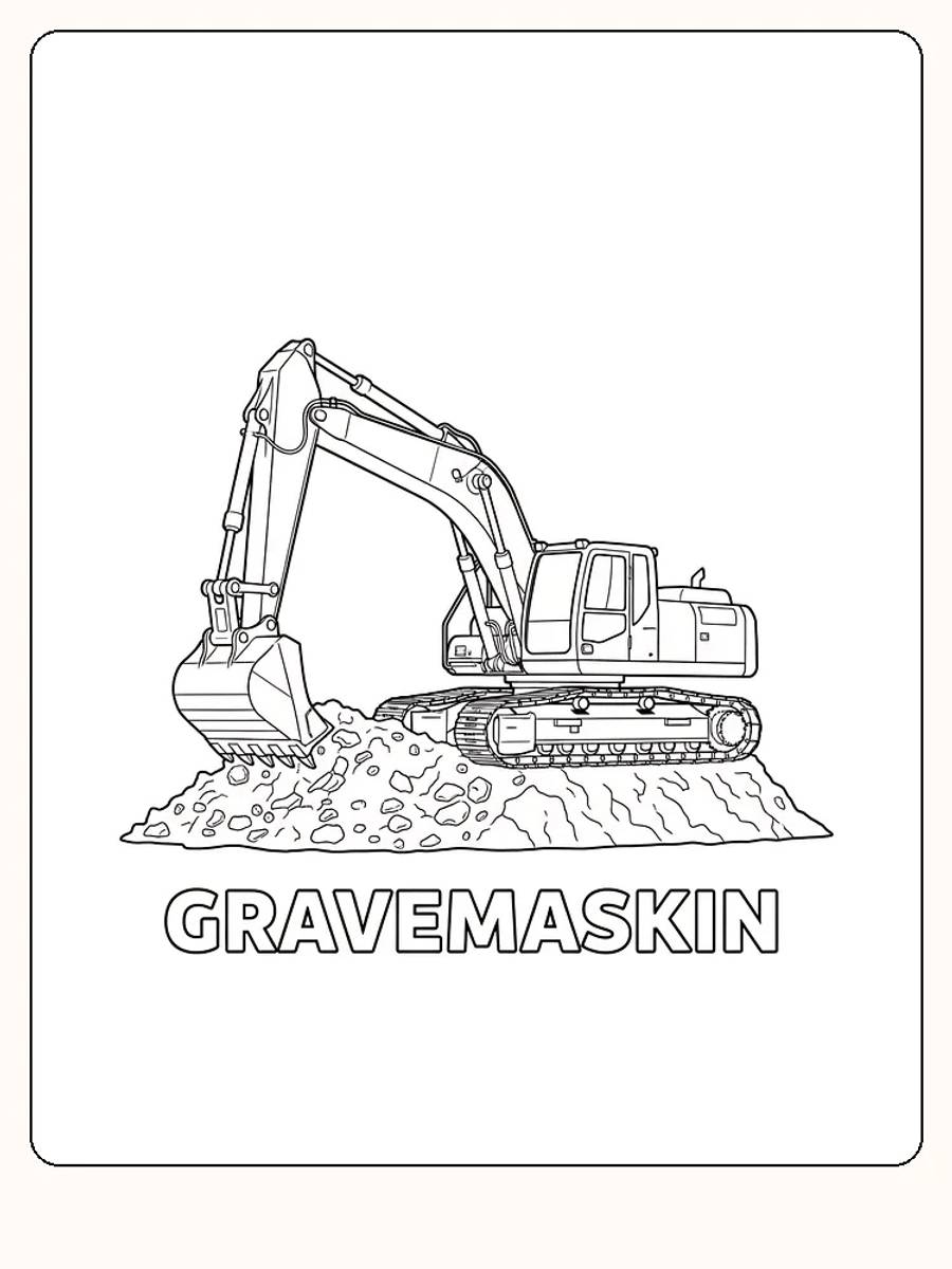 Tegning til farvelægning af en gravemaskine, der står på en stenbunke, klar til download og print
