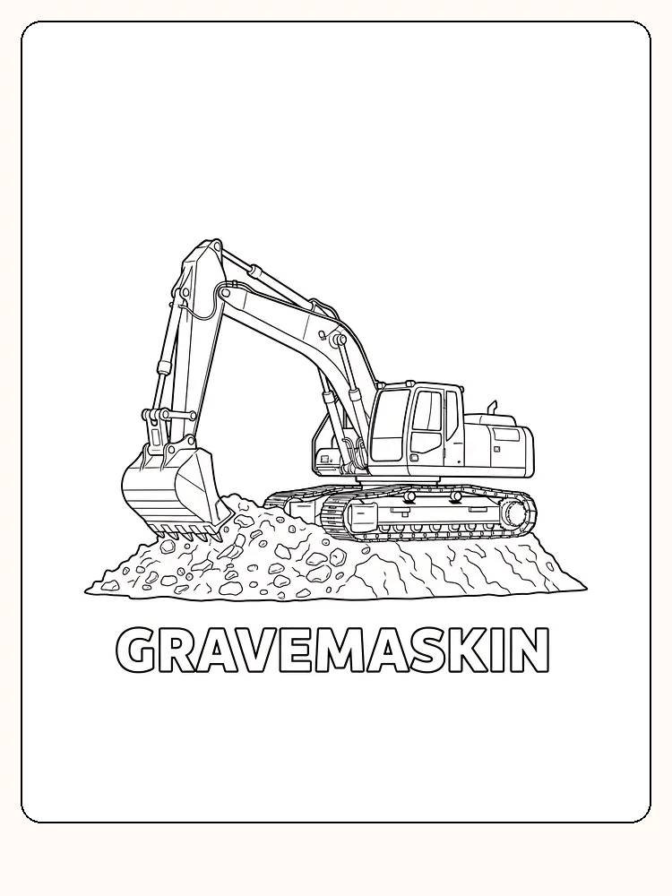 Tegning til farvelægning af en gravemaskine, der står på en stenbunke, klar til download og print