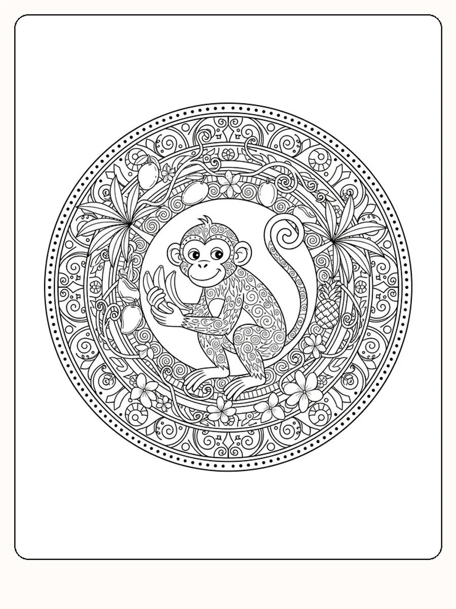 Detaljeret tegning til farvelægning af en abe omgivet af blomster i en mandala, klar til print