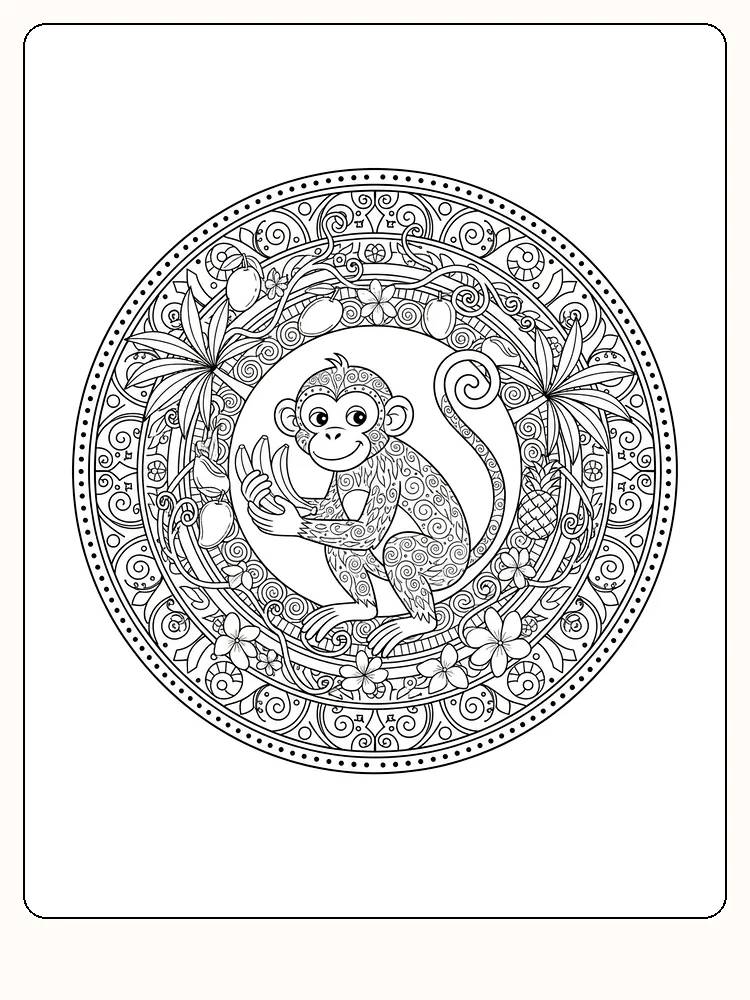 Detaljeret tegning til farvelægning af en abe omgivet af blomster i en mandala, klar til print