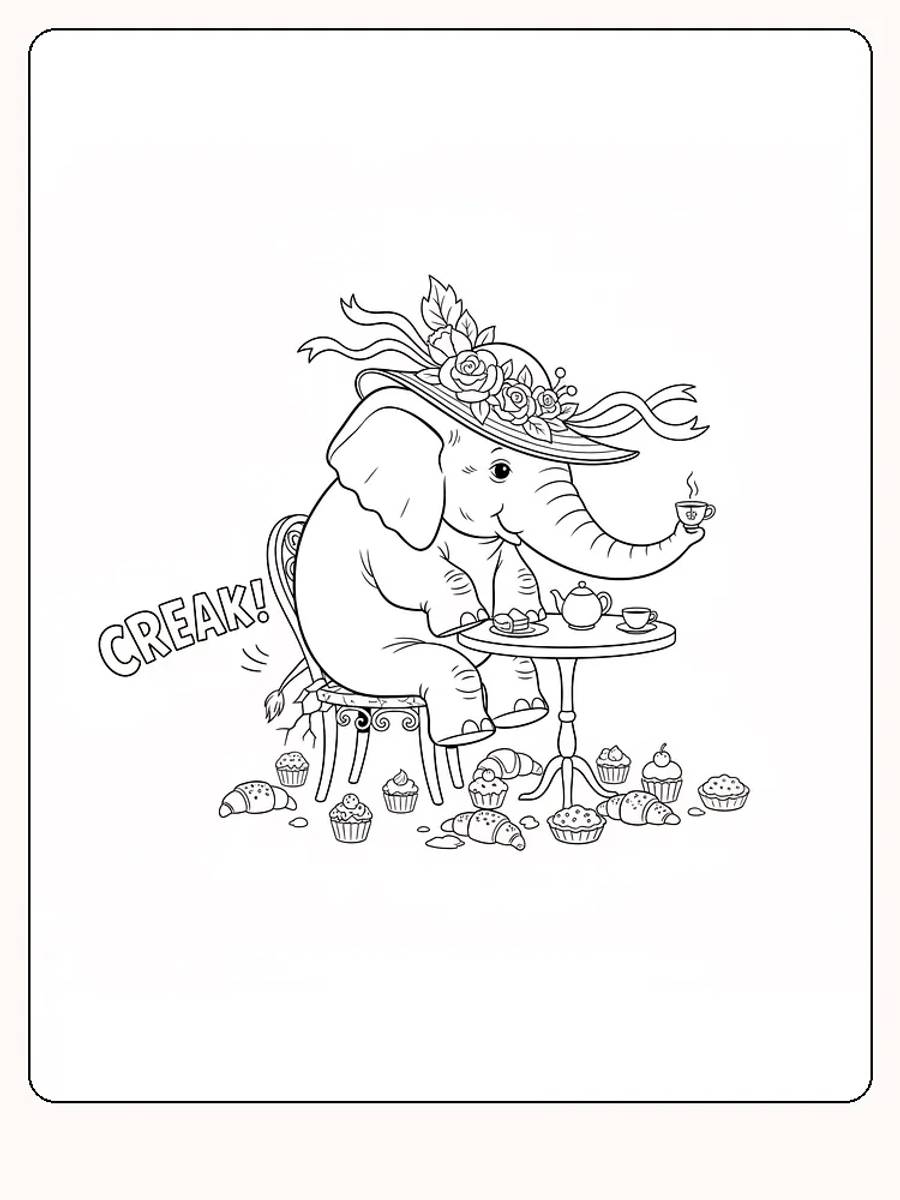 Fargeleggingstegning av elefant ved te-selskap bord med hatter og kaker