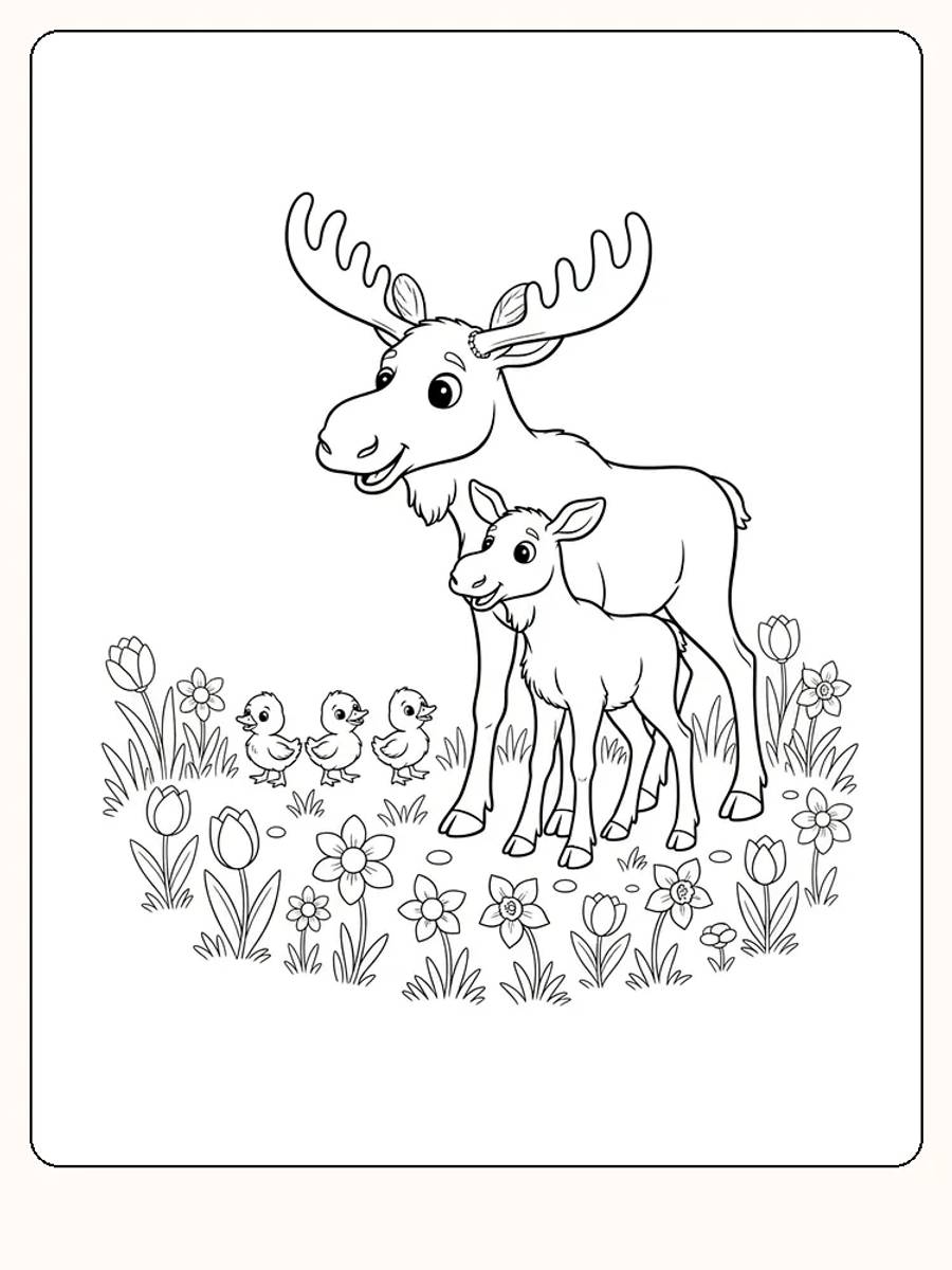Tegning til farvelægning af en elg med kalv blandt blomster og kyllinger, klar til print