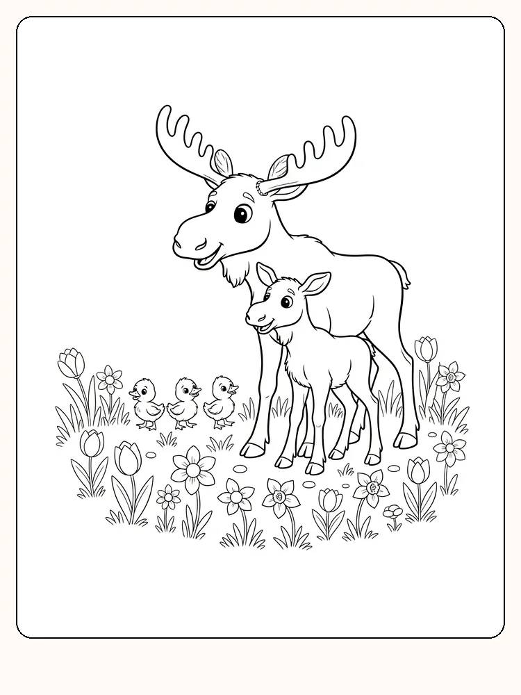 Tegning til farvelægning af en elg med kalv blandt blomster og kyllinger, klar til print
