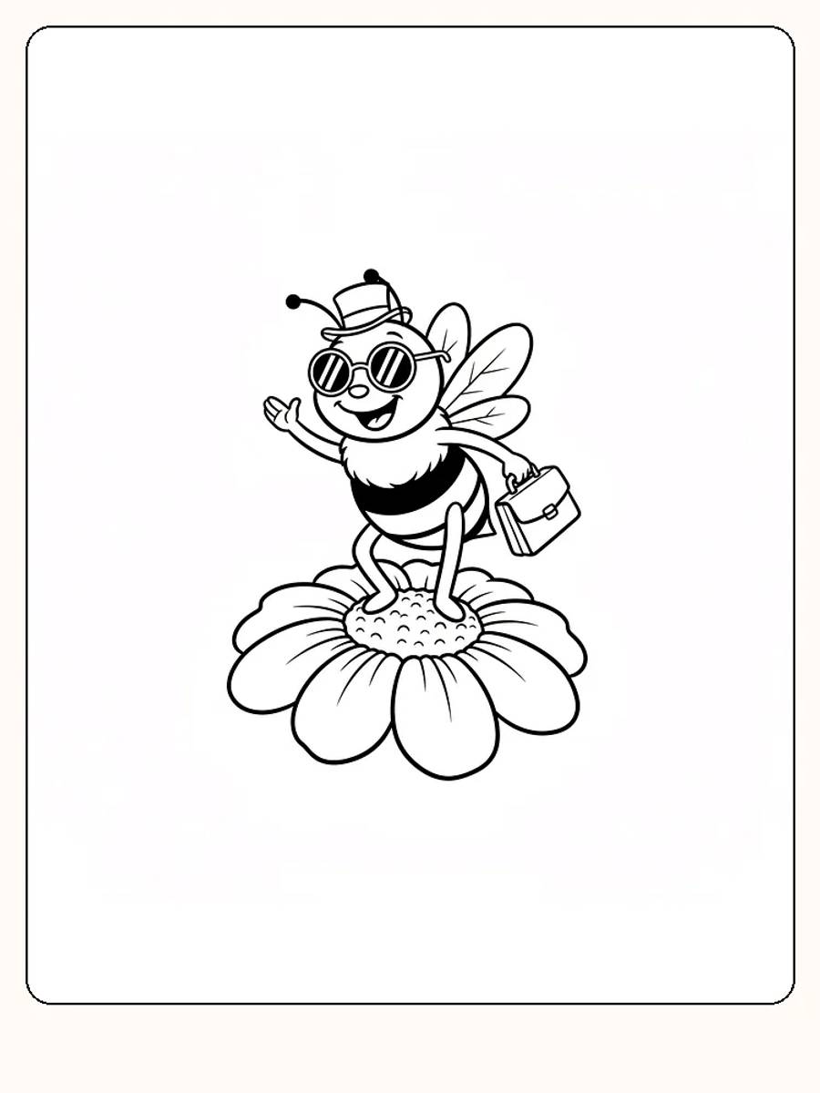 Tegning af en sjov bi med solbriller, hat og taske på en blomst, klar til farvelægning