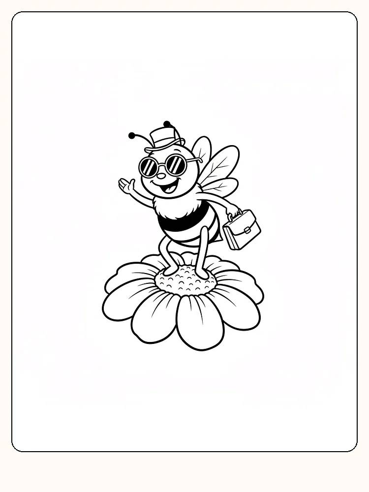 Tegning af en sjov bi med solbriller, hat og taske på en blomst, klar til farvelægning