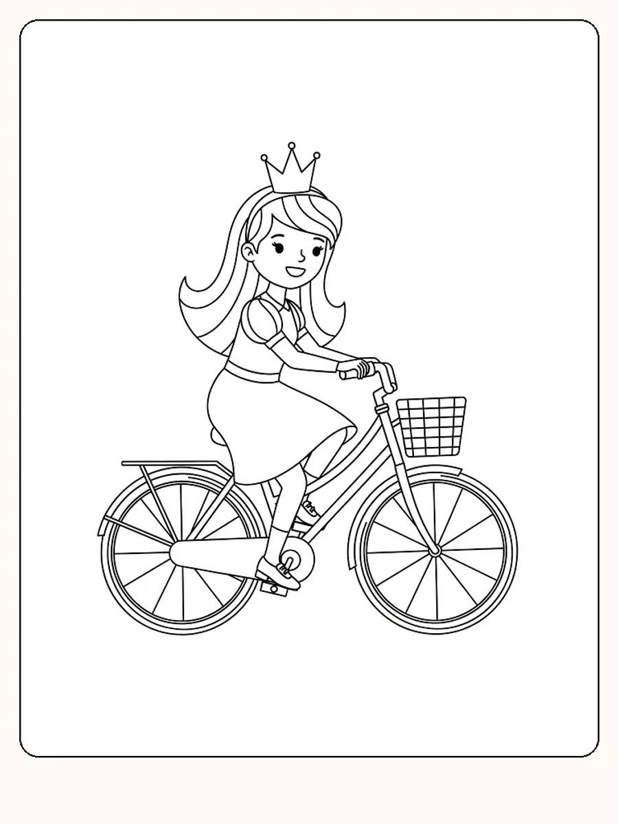 Fargeleggingsbilde av en prinsesse på sykkel, klar for fargelegging