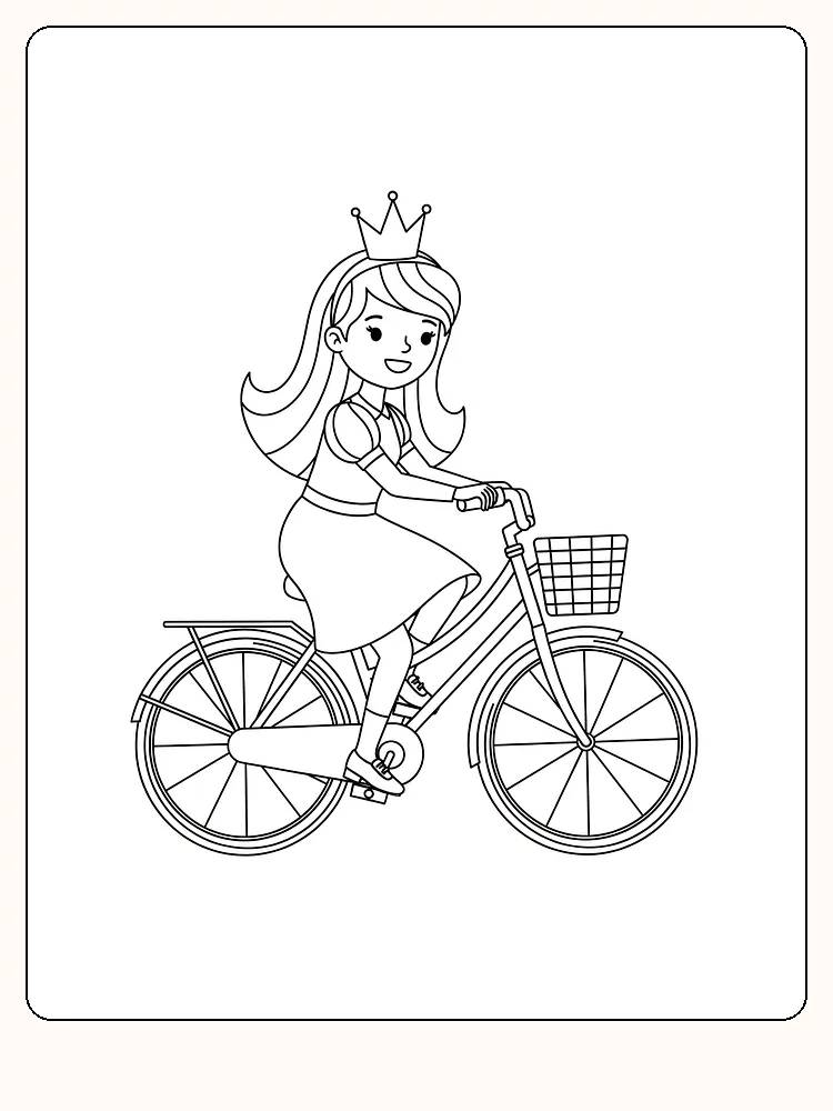 Fargeleggingsbilde av en prinsesse på sykkel, klar for fargelegging
