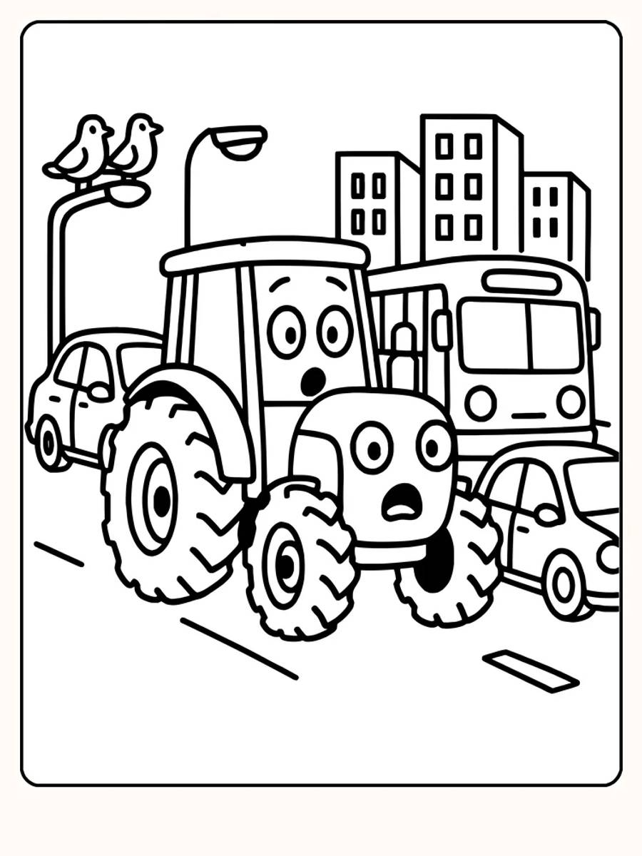 Tegning til farvelægning af en traktor, der kører i byen, omgivet af biler og busser