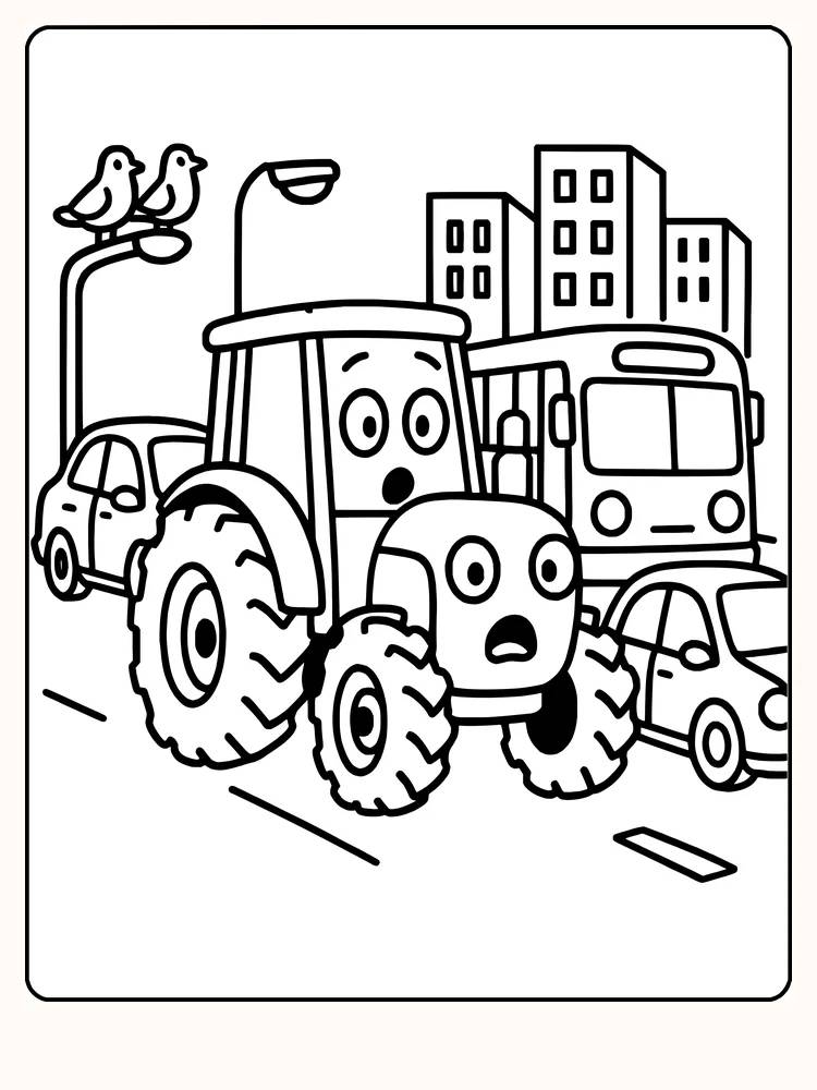 Tegning til farvelægning af en traktor, der kører i byen, omgivet af biler og busser