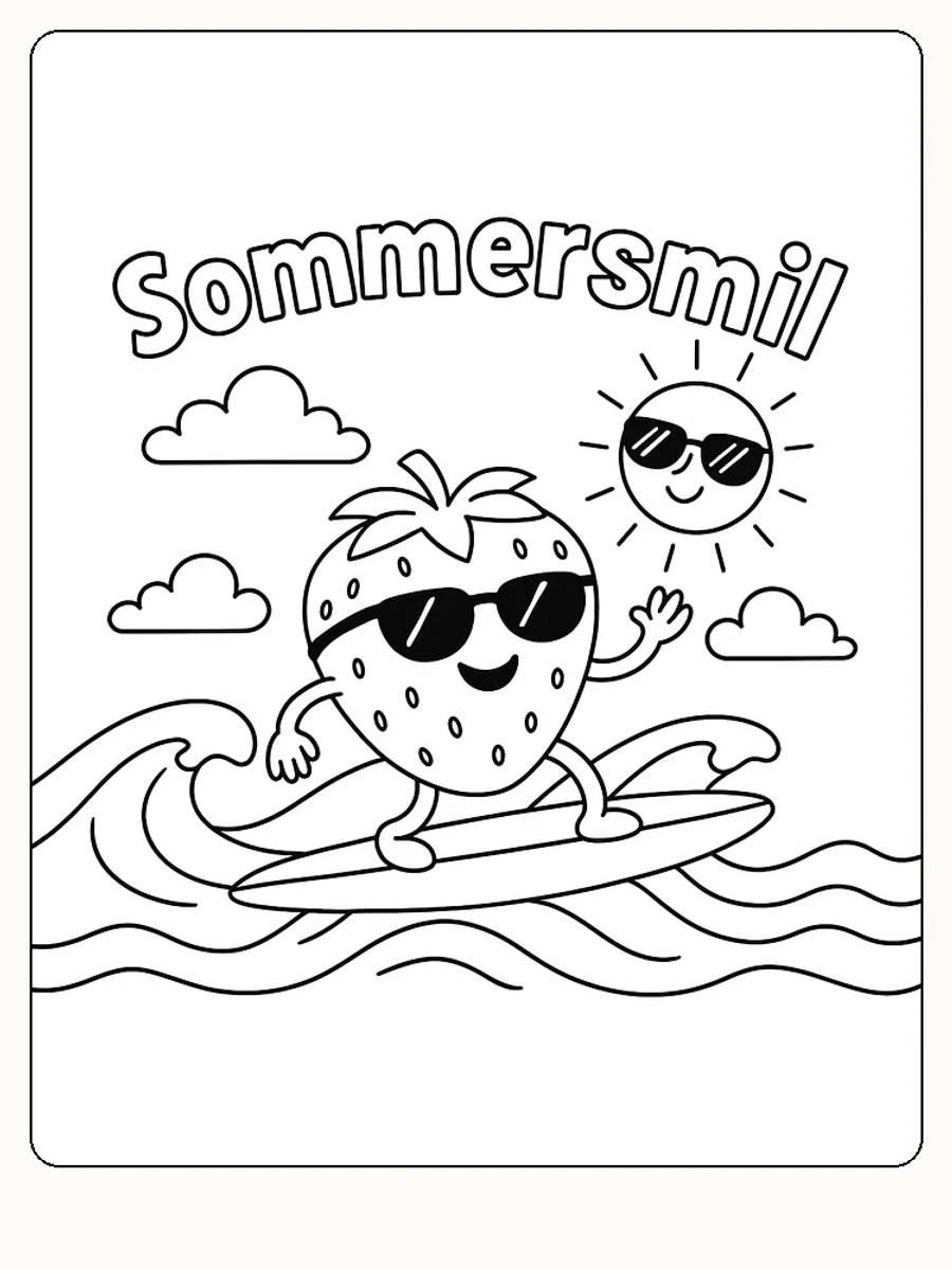 Fargeleggingstegning av et jordbær på surfebrett med solbriller og smilende sol