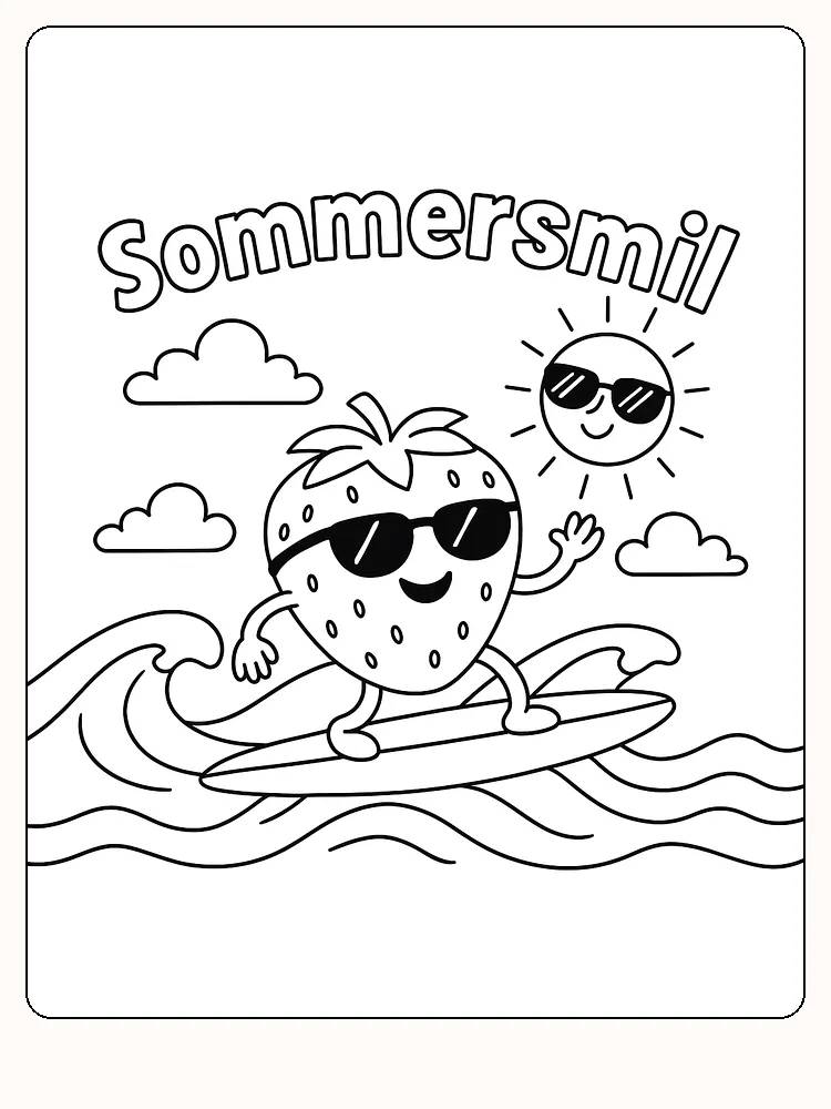 Fargeleggingstegning av et jordbær på surfebrett med solbriller og smilende sol