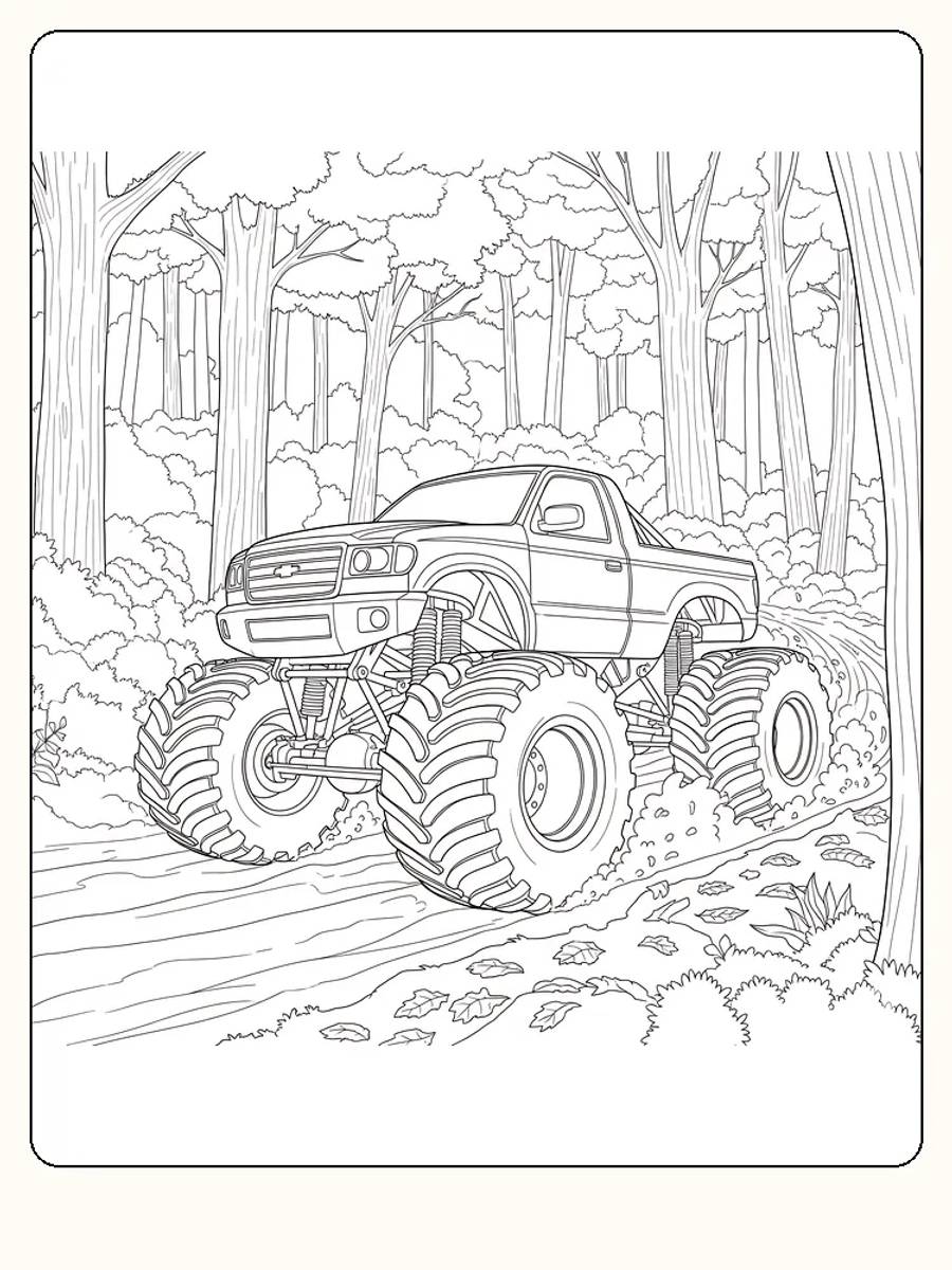 Monster truck på skogssti, stor og kraftig, klar for fargelegging