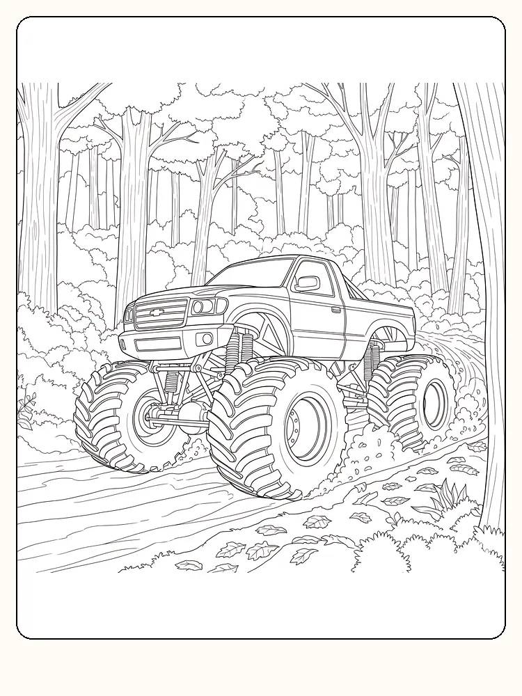 Monster truck på skogssti, stor og kraftig, klar for fargelegging