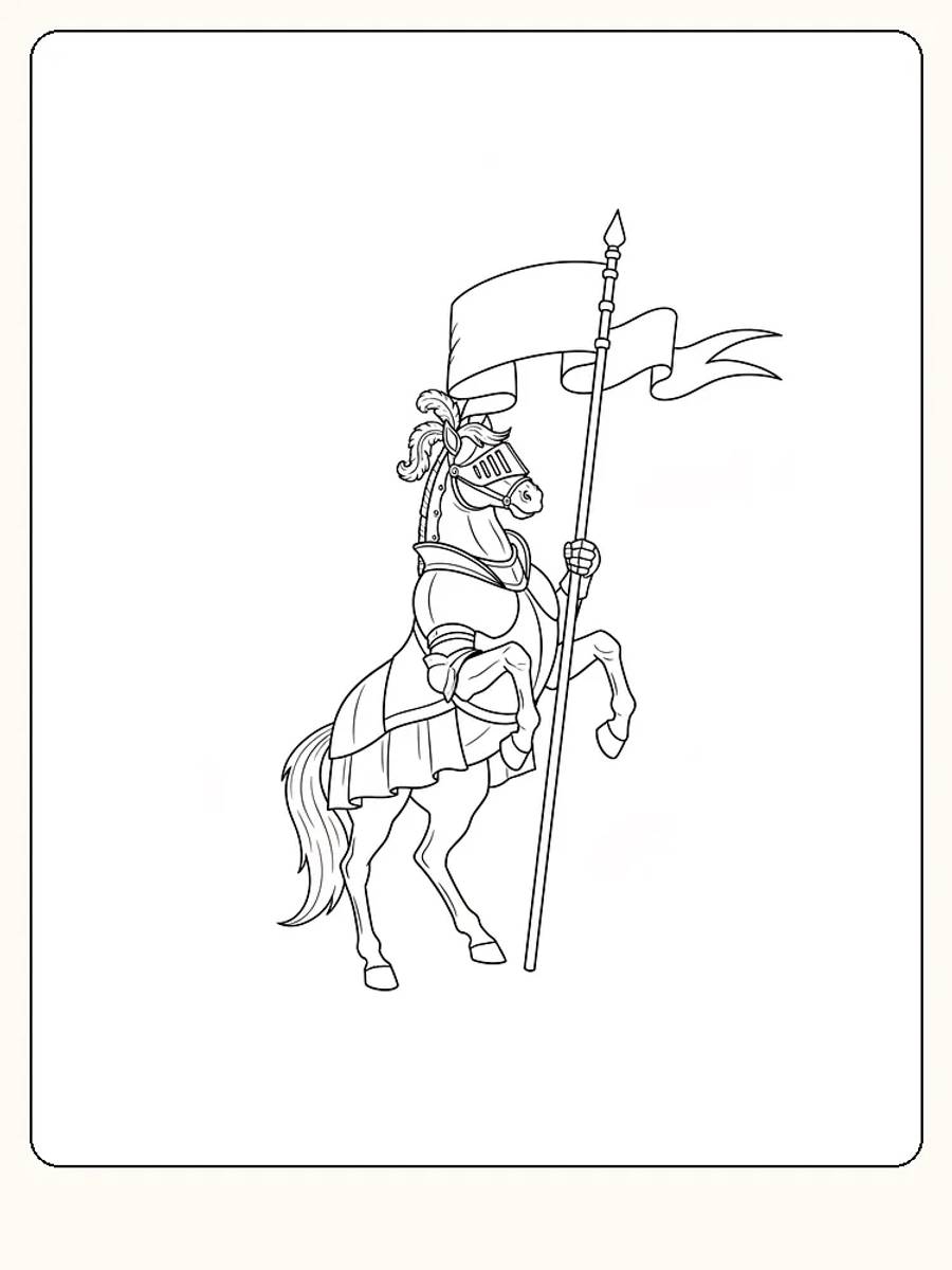 Fargeleggingstegning av en ridder på hest som holder et flagg, for utskrift