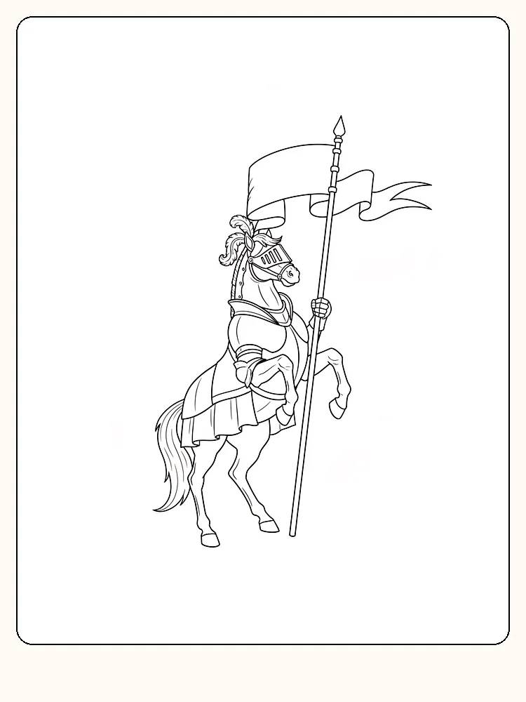 Fargeleggingstegning av en ridder på hest som holder et flagg, for utskrift