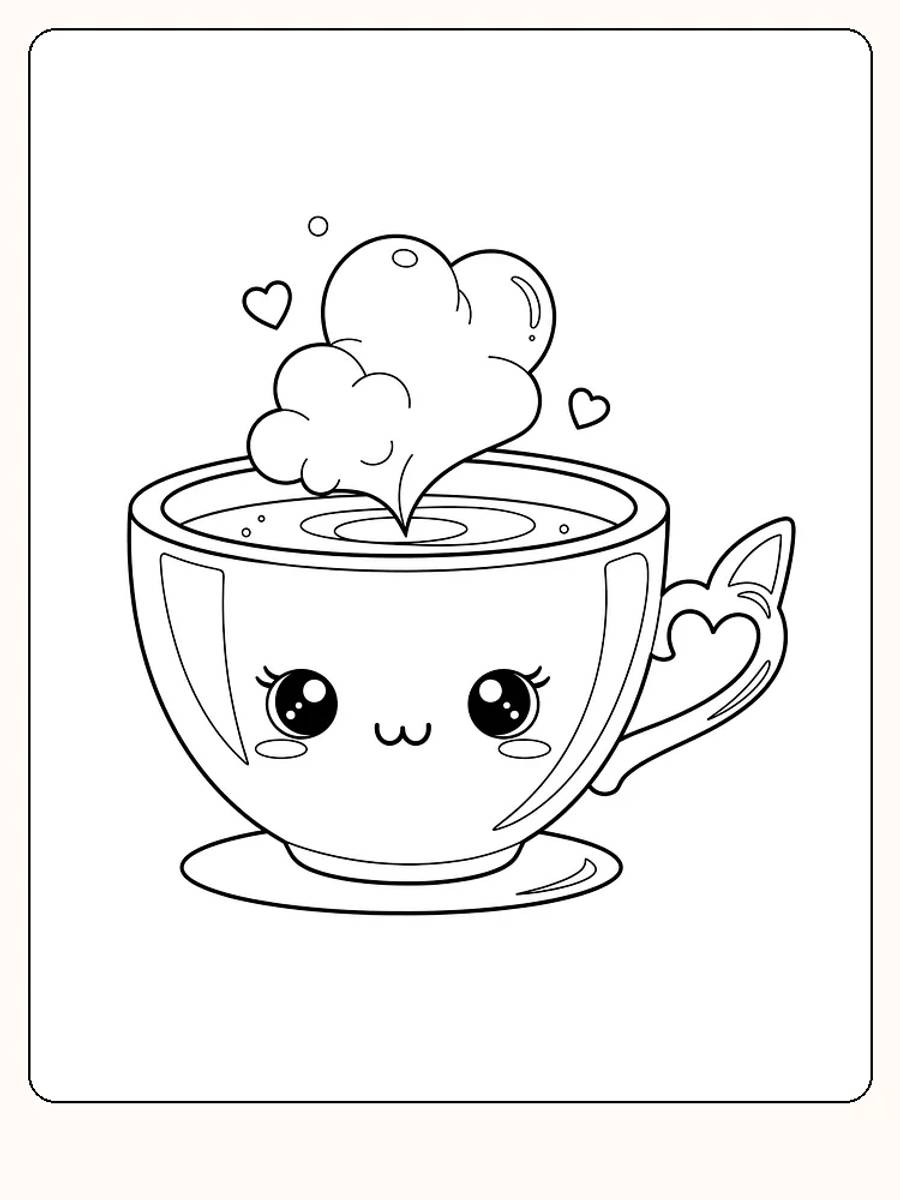 Tegning til farvelægning af en kawaii-kop med sødt ansigt og dampende hjerteform, klar til print