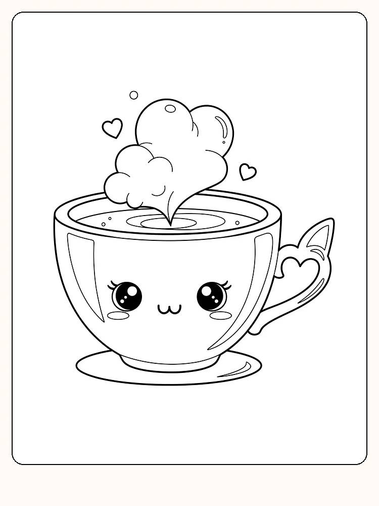 Tegning til farvelægning af en kawaii-kop med sødt ansigt og dampende hjerteform, klar til print