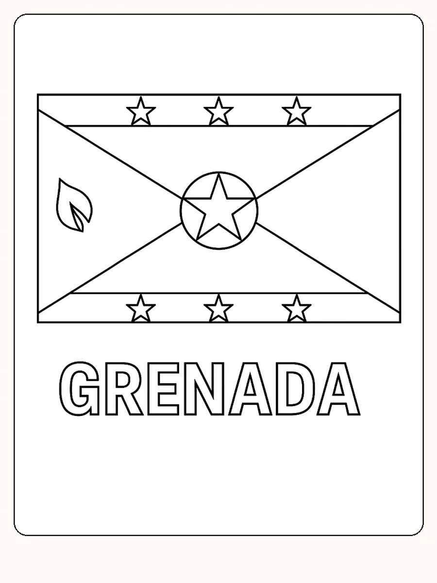 Grenadas Flagge mit bunten Sternen und Mustern, bereit zum Ausmalen.