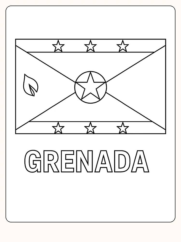 Grenadas Flagge mit bunten Sternen und Mustern, bereit zum Ausmalen.