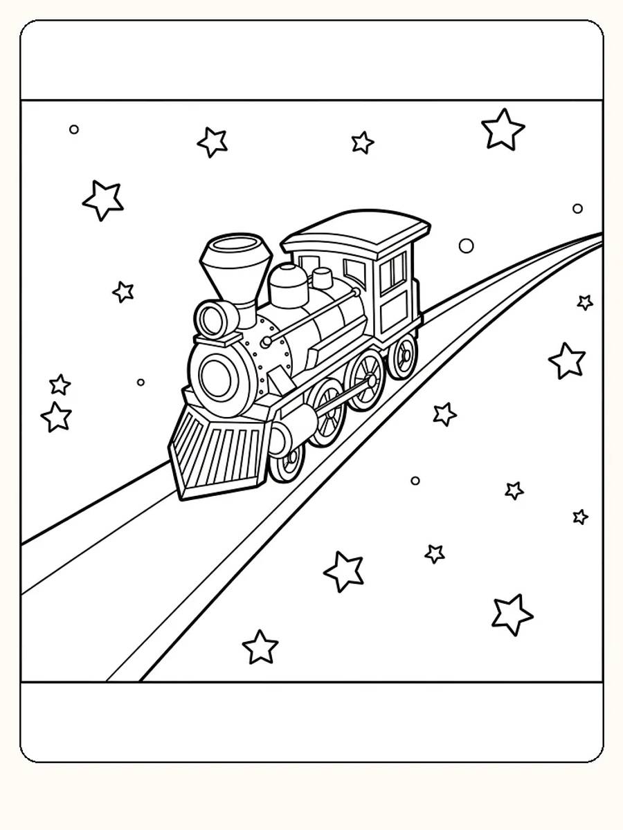 Målarbild av ett tåg på en stig genom stjärnor