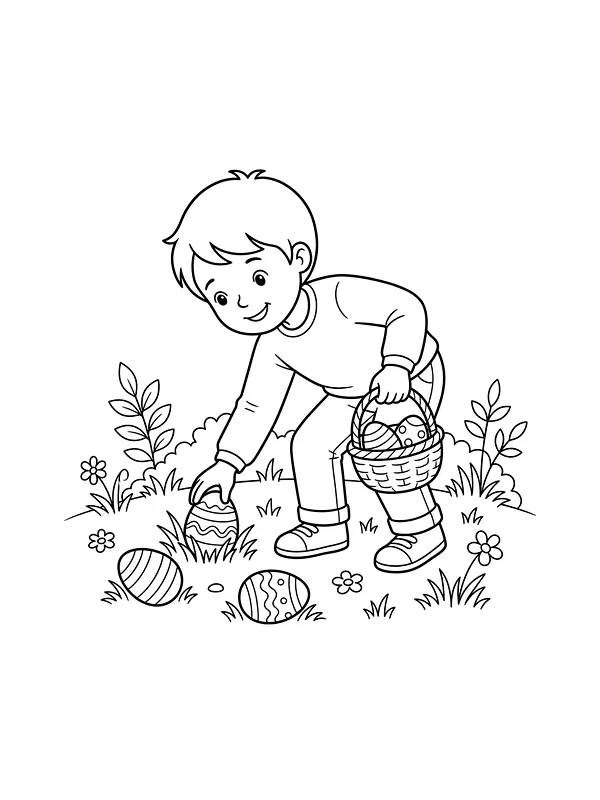 Garçon avec un panier qui ramasse un œuf de Pâques