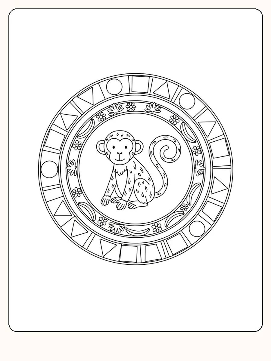 Fargeleggingstegning av en ape sittende i en mandala-sirkel, full av detaljer, klar for utskrift