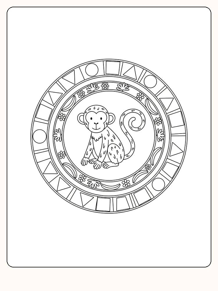 Fargeleggingstegning av en ape sittende i en mandala-sirkel, full av detaljer, klar for utskrift