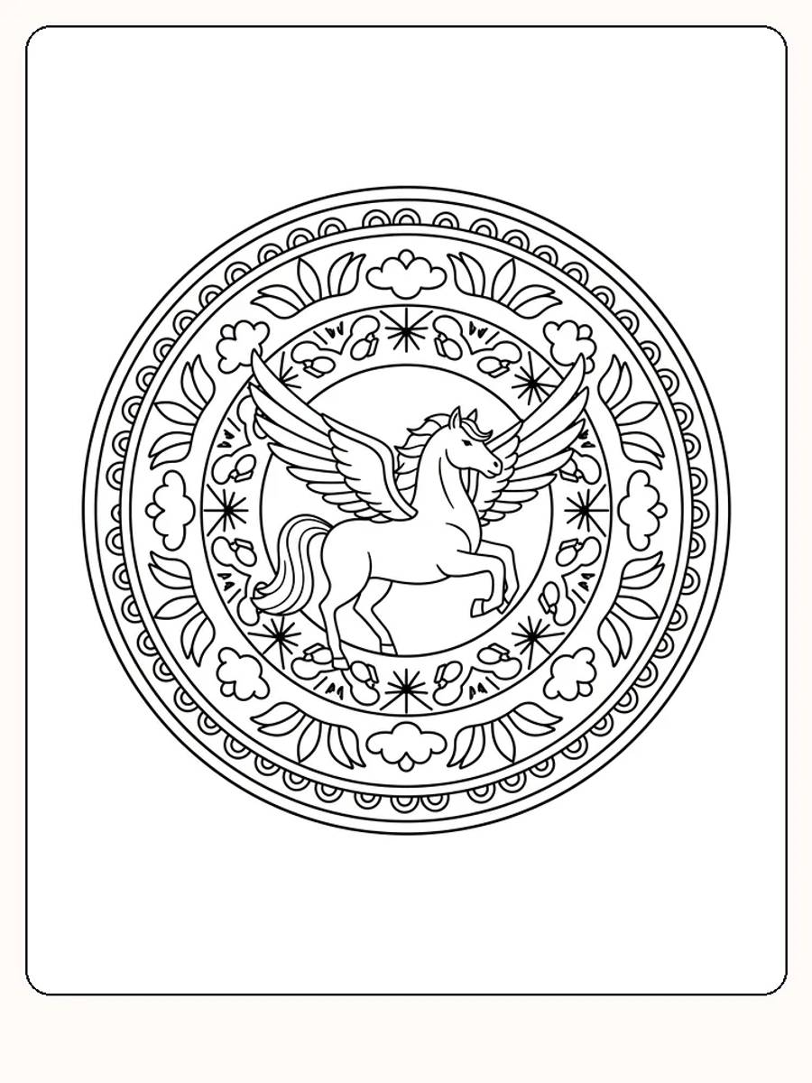 Fargeleggingsbilde av Pegasus i en detaljert mandala, klart for utskrift og fargelegging