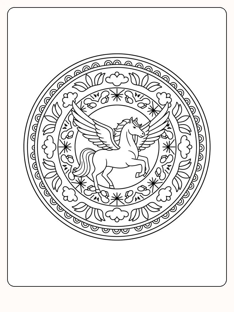 Fargeleggingsbilde av Pegasus i en detaljert mandala, klart for utskrift og fargelegging