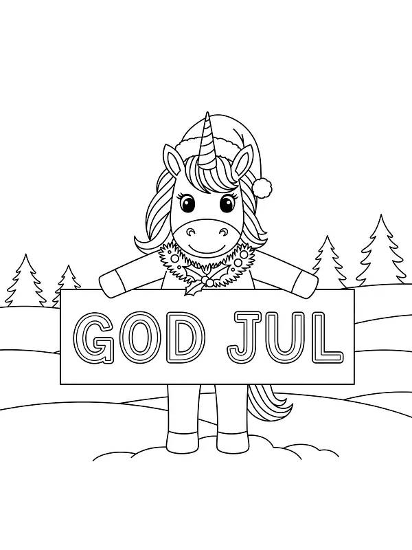 Enhjørning med Glædelig jul-skilt
