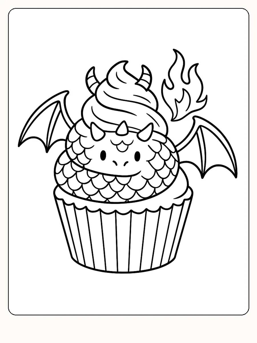 Fargeleggingstegning av en muffins med drageelementer, inkludert vinger og ild