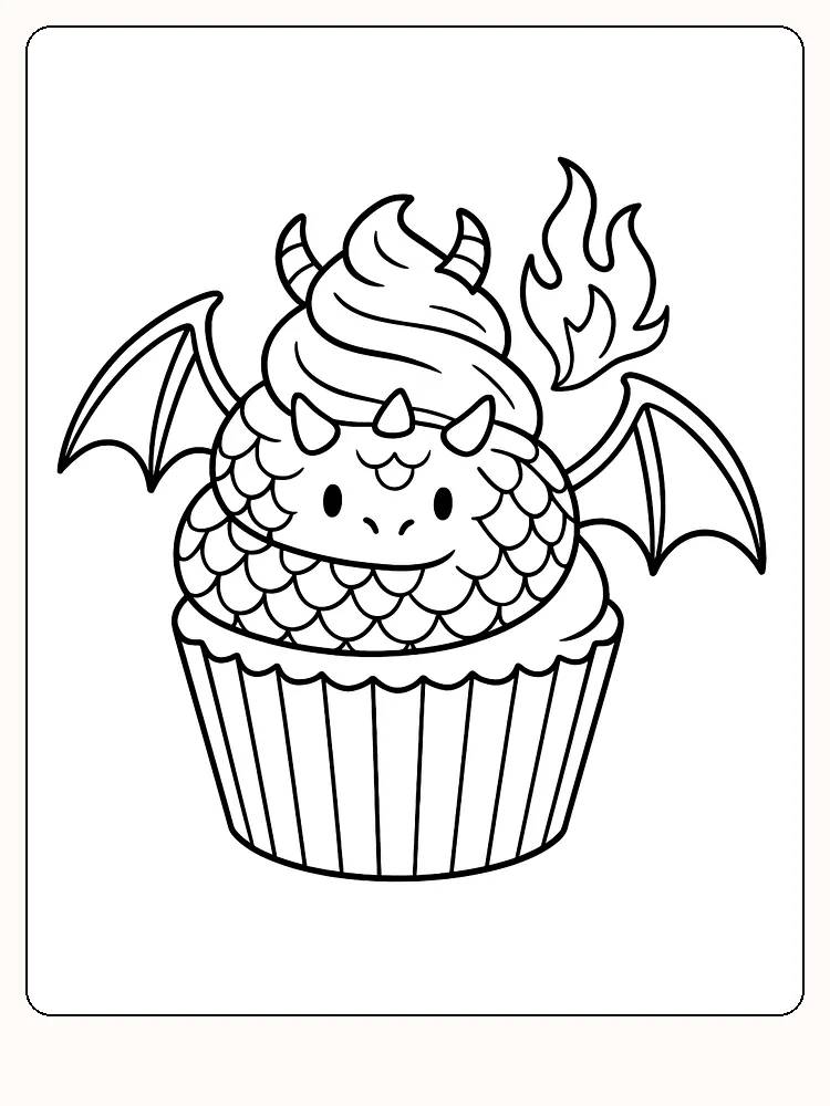 Fargeleggingstegning av en muffins med drageelementer, inkludert vinger og ild