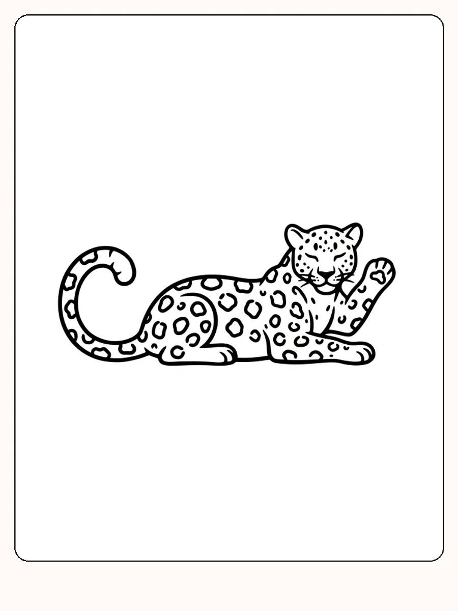 Fargeleggingstegning av en liggende leopard med flekker og løftet venstre pote, klar for utskrift