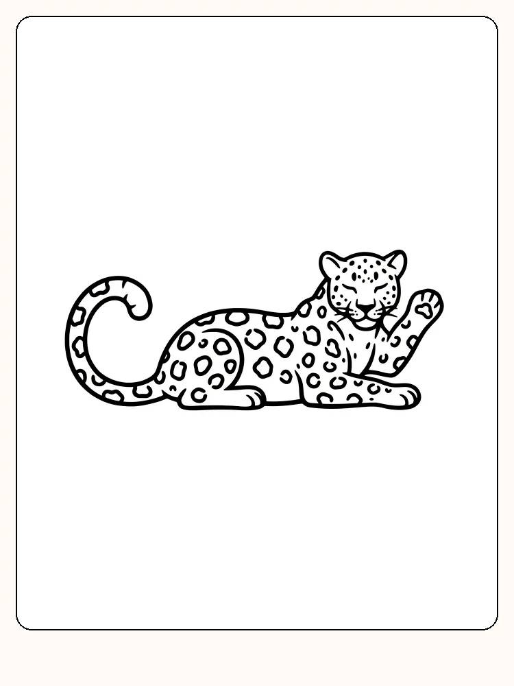 Fargeleggingstegning av en liggende leopard med flekker og løftet venstre pote, klar for utskrift