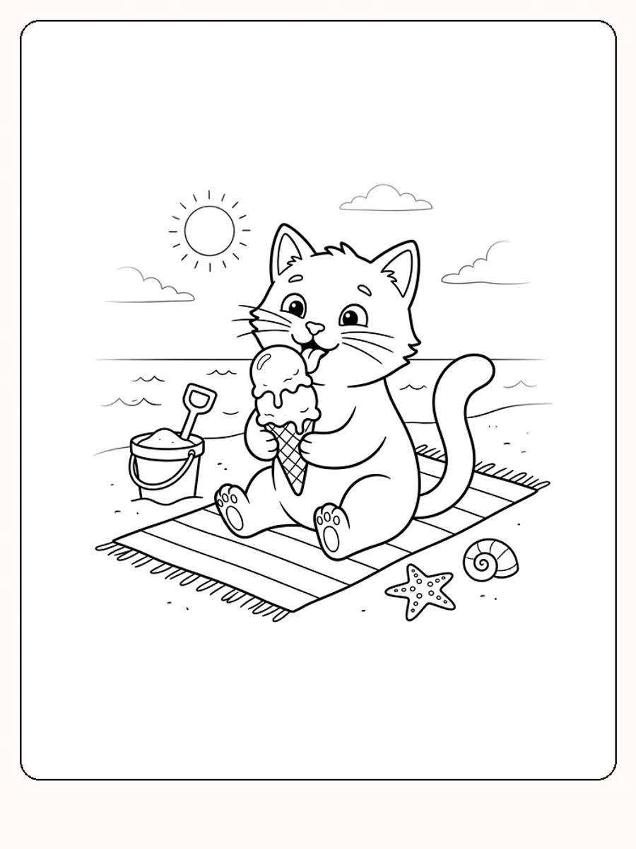 Chat sur une serviette de plage qui lèche une glace, avec un seau de sable, une étoile de mer et un coquillage devant la mer et le soleil