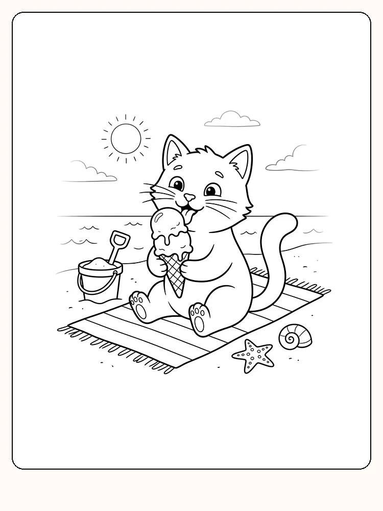 Chat sur une serviette de plage qui lèche une glace, avec un seau de sable, une étoile de mer et un coquillage devant la mer et le soleil