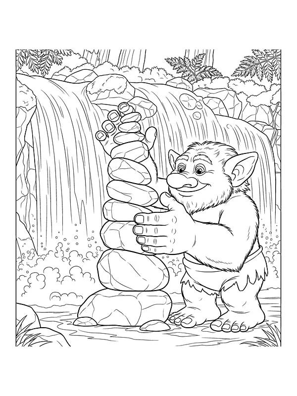 Troll ved steinrøys og foss