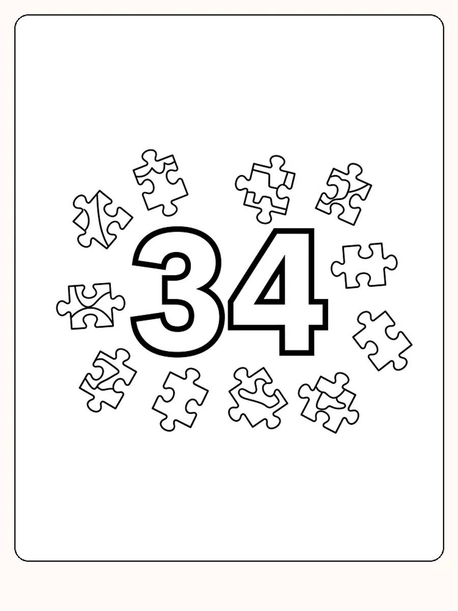 Ausmalbild mit der Zahl 34, umgeben von Puzzlestücken.