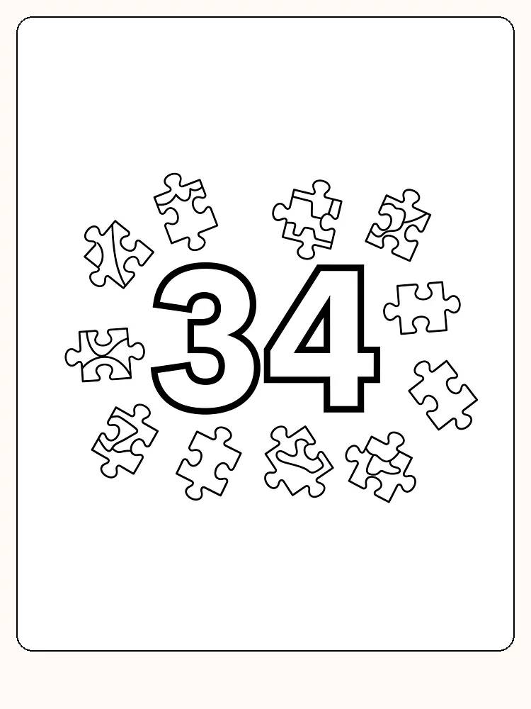 Ausmalbild mit der Zahl 34, umgeben von Puzzlestücken.